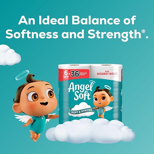 ANGEL SOFT TOILET PAPER, 12 SUPER MEGA ROLLS = 72 REGULAR ROLLS, SOFT AND STRONG TOILET TISSUE