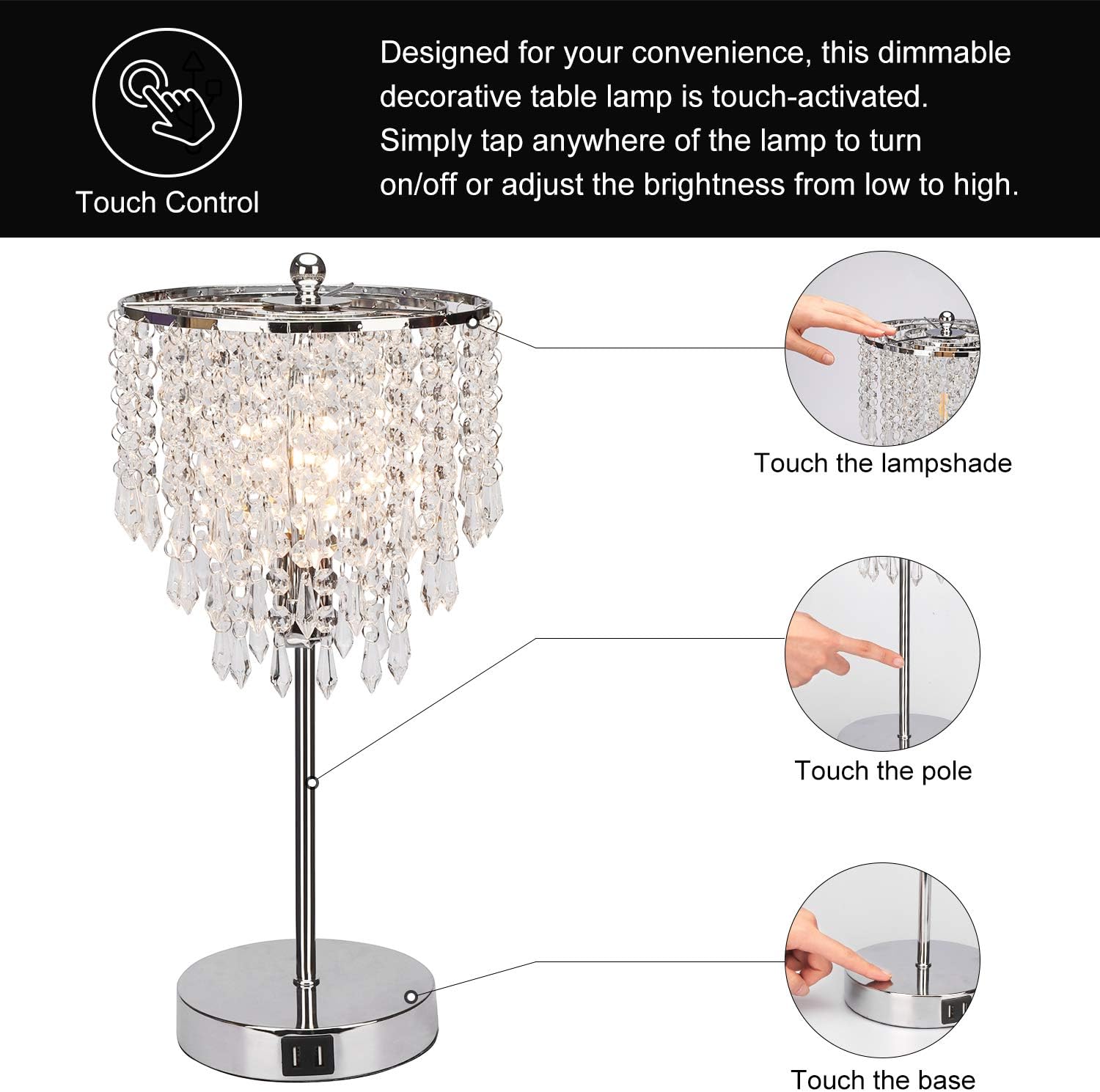 Touch Control Crystal Table Lamp with Dual USB Charging Ports, 3-Way Dimmable Bedside Touch Lamp Decorative Nightstand Lamp with Elegant Lamp Shade for Living Room Bedroom, B11 6W LED Bulb Included - - 