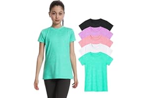 Orrstarry 5 Pack Girls Athletic Shirts Short Sleeve Dry Fit Sports T-Shirts Crew Neck Activewear Tees Tops for Kids Teens