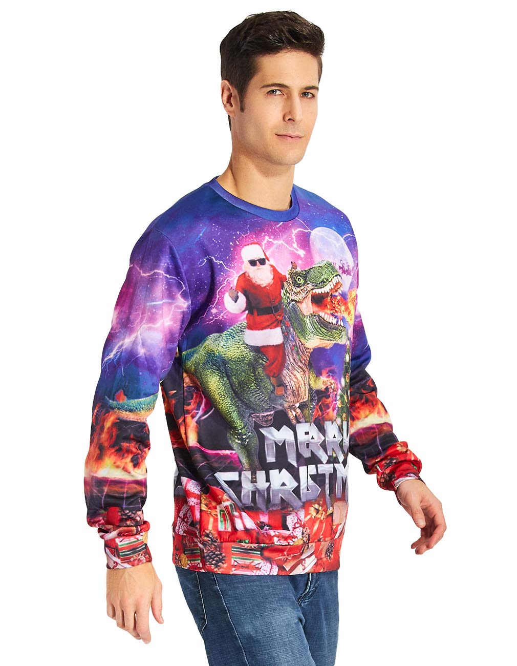 RAISEVERN College Teens Chritmas Pullover Pullover lässig O-Ausschnitt Pullover Tops mit Santa Dinosaurier Muster Langarm hässlichen Outfits für Männer/Frauen