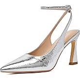 Susanny Silver Slingback Closed Toe Ankle Strap High Heels Pointed Toe Pumps Dress Comfortable Stiletto Sexy Buckle Strappy Dressy Shoes for Wedding Bridal Party Work 10