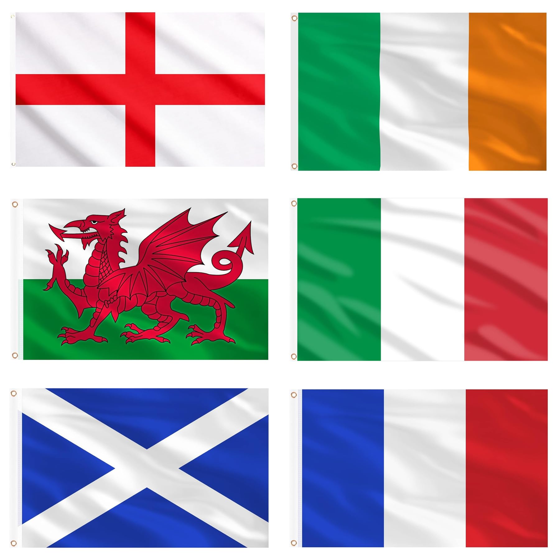 AhfuLife Six Countries Nations Flags 5ft x 3ft for Rugby Tournament, 6Pcs Double Sides Printed Flags with Eyelets of England, Scotland, Wales, Ireland, France, Italy for Party Garden Street Decoration