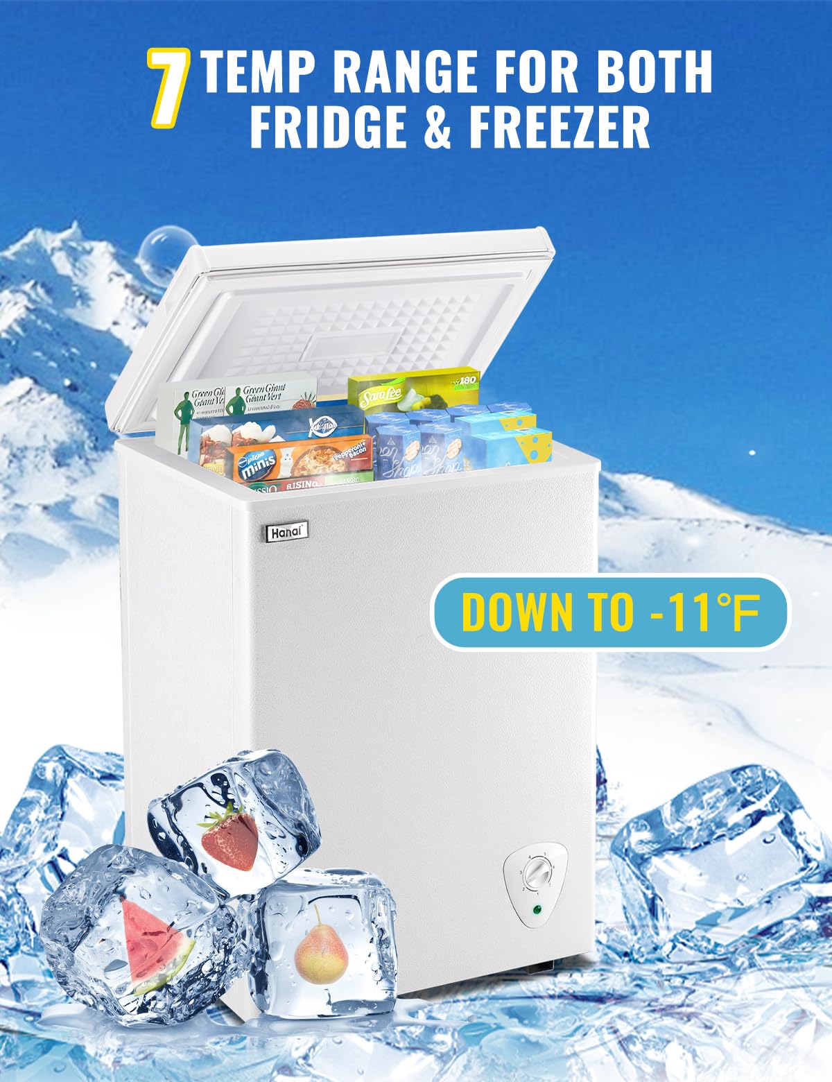 WANAI Chest Freezer Small Deep Freezers with Removable Storage Basket Freestanding Top Door Compact Mini 7 Gears Temperature Control for Office Dorm Apartment