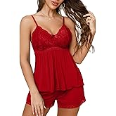 Oberitiny Women Pajama Set Lace Trim Short PJ Set V Neck Sleeveless Sleepwear Drawstring Waist Nightwear