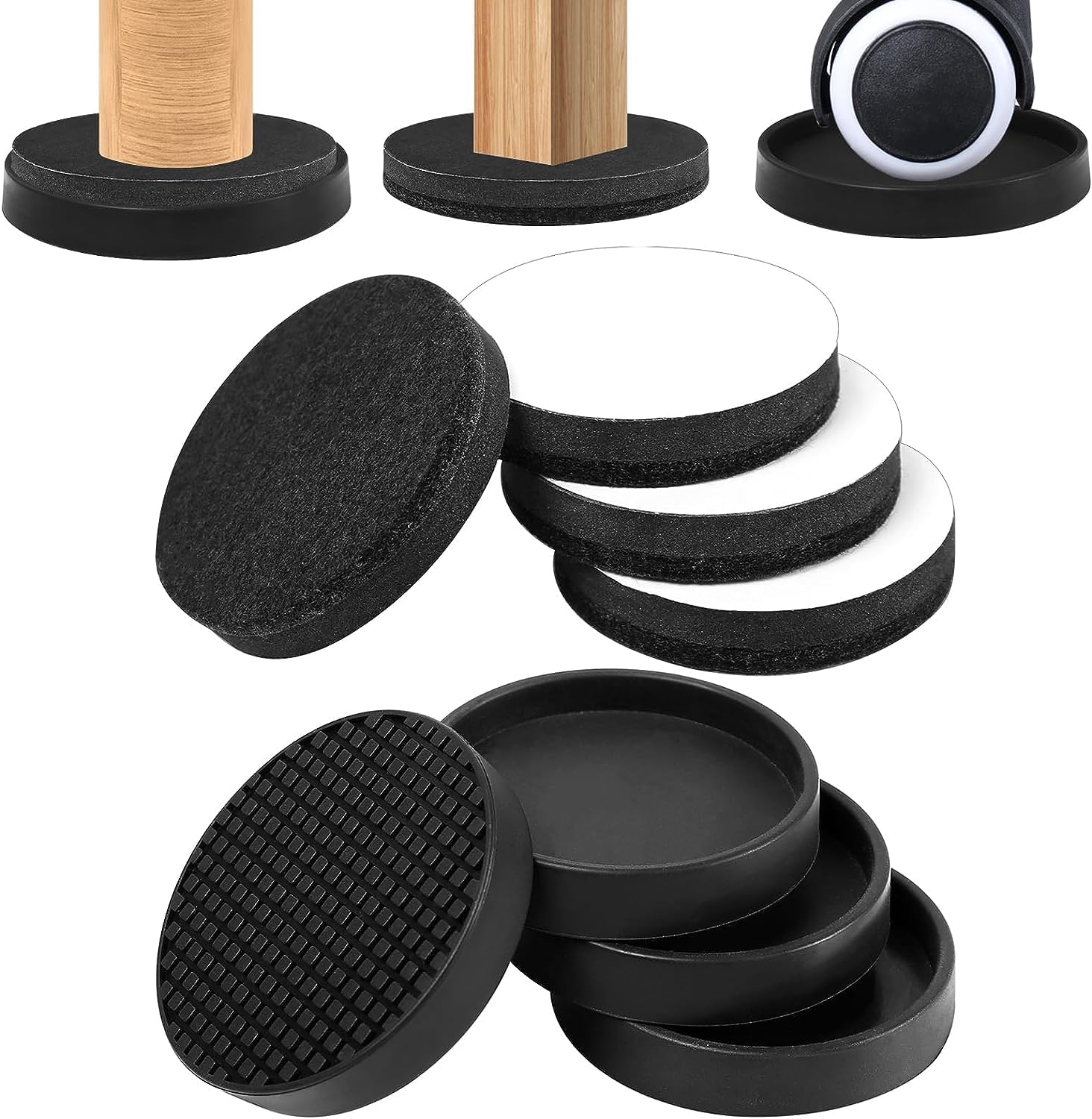 Φ 89 mm Round Furniture Pads - 4Pcs Felt Furniture Sliders for Hardwood Floors & 4Pcs Furniture Coasters Caster Cups for Furniture Legs Floor Protector, 3 1/2" Bed Stoppers Anti-Slip Rubber Grip Pad