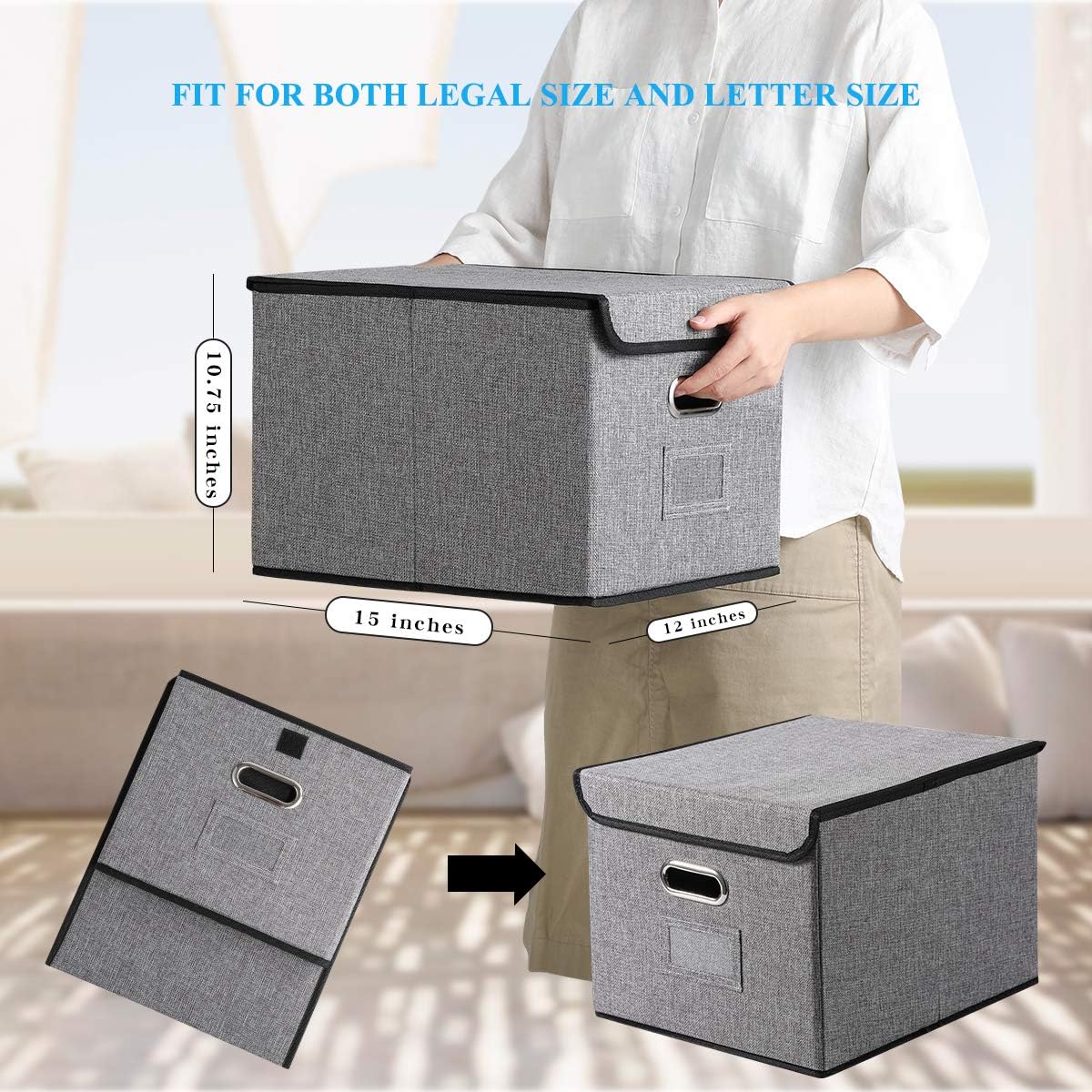 Collapsible File Organizer Boxes with Lids [2-Pack] Linen Hanging Filing Organization, Office Decorative Filing Cabinet for Letter Size Legal Folder: Home Improvement