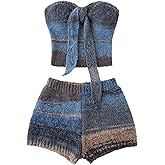 SOLY HUX Women's 2 Piece Outfit Color Block Tie Front Strapless Crop Tube Top and Shorts Knit Set