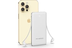 miisso 10000mAh Slim Portable Charger with Built in Cable, Power Bank Travel Charger External Battery Pack for Phone, 4 Output USB Type C Cord Clutch Charger Compatible with iPhone, White