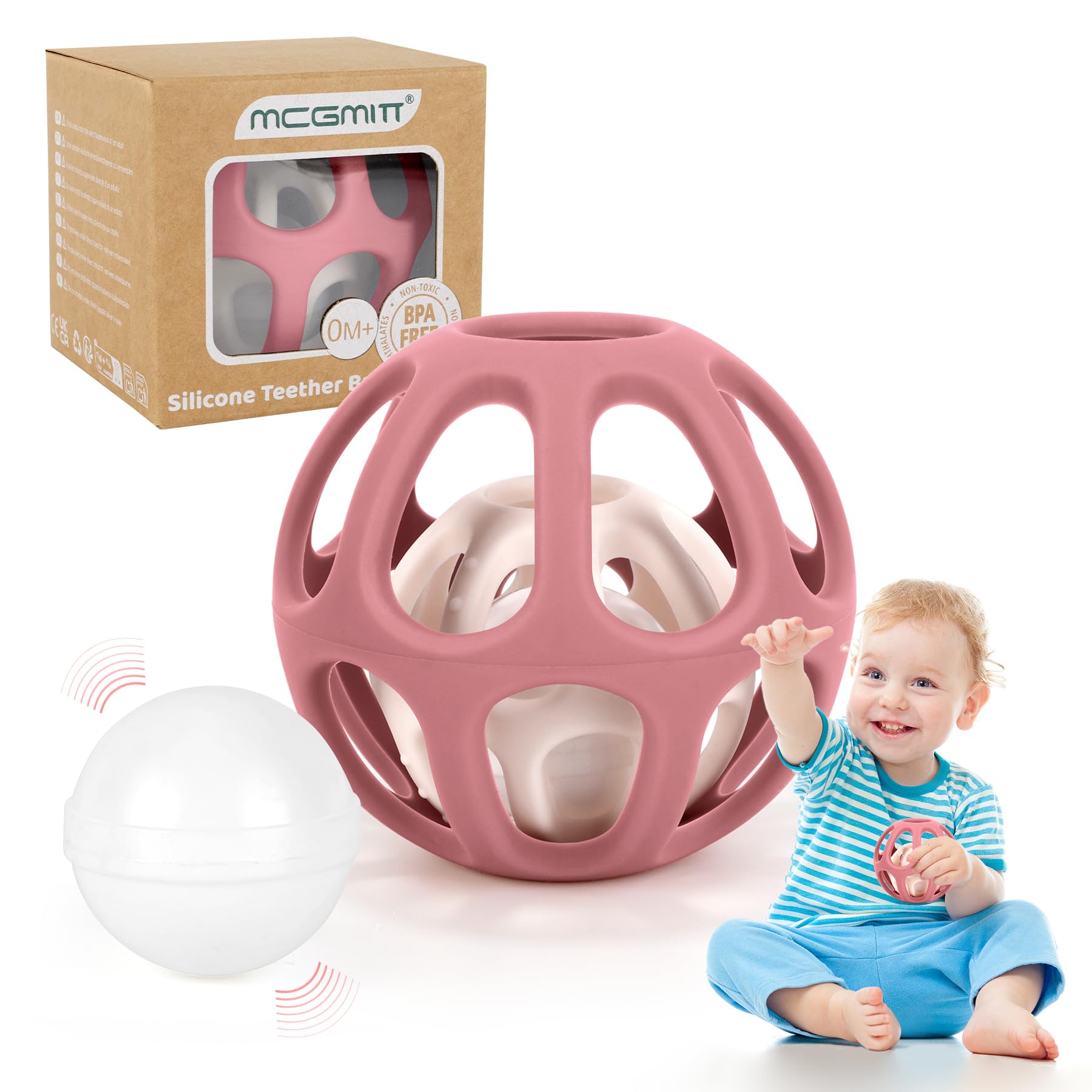 MCGMITT Baby Teething Toy, Grabbing Ball Montessori Sensory Baby Toy for 3-36 Months Newborn Rattle Chew Silicone Teether Toy, Infant Hand Fine Motor Skills Learning Development Toy Gift - Pink