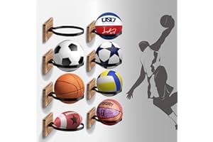 VZZNN Wall Mount Basketball Holder, 8 Pcs Ball Storage Display Rack with Wooden Base for Sports Collection, Modern Farmhouse Decor for Boys Room, Teen Bedroom Sports Accessories Organizer