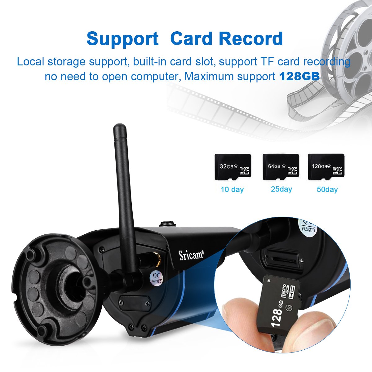 Sricam Cámara IP de seguridad Viginancia inalámbrica 720P ONVIF ,CCTV, P2P, detección de movimiento, visión nocturna,1.0 megapíxeles, expansión de memoria hasta 128G, negro, SP007