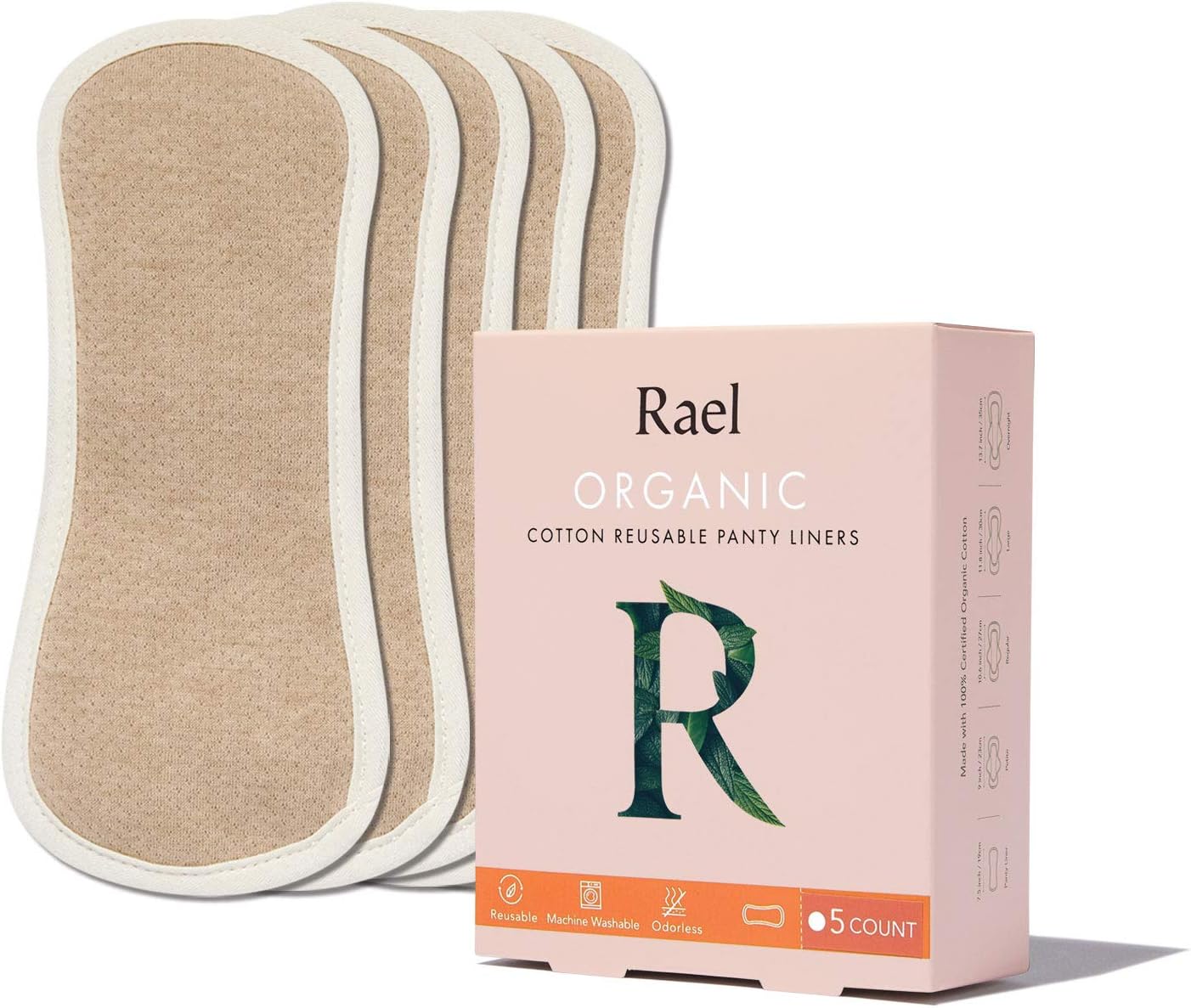 Rael Organic Reusable Cloth Pantyliners - Soft and Thin, Leak Free, Washing Machine Safe, Daily Pantyliner, Set of 5 (Tan)