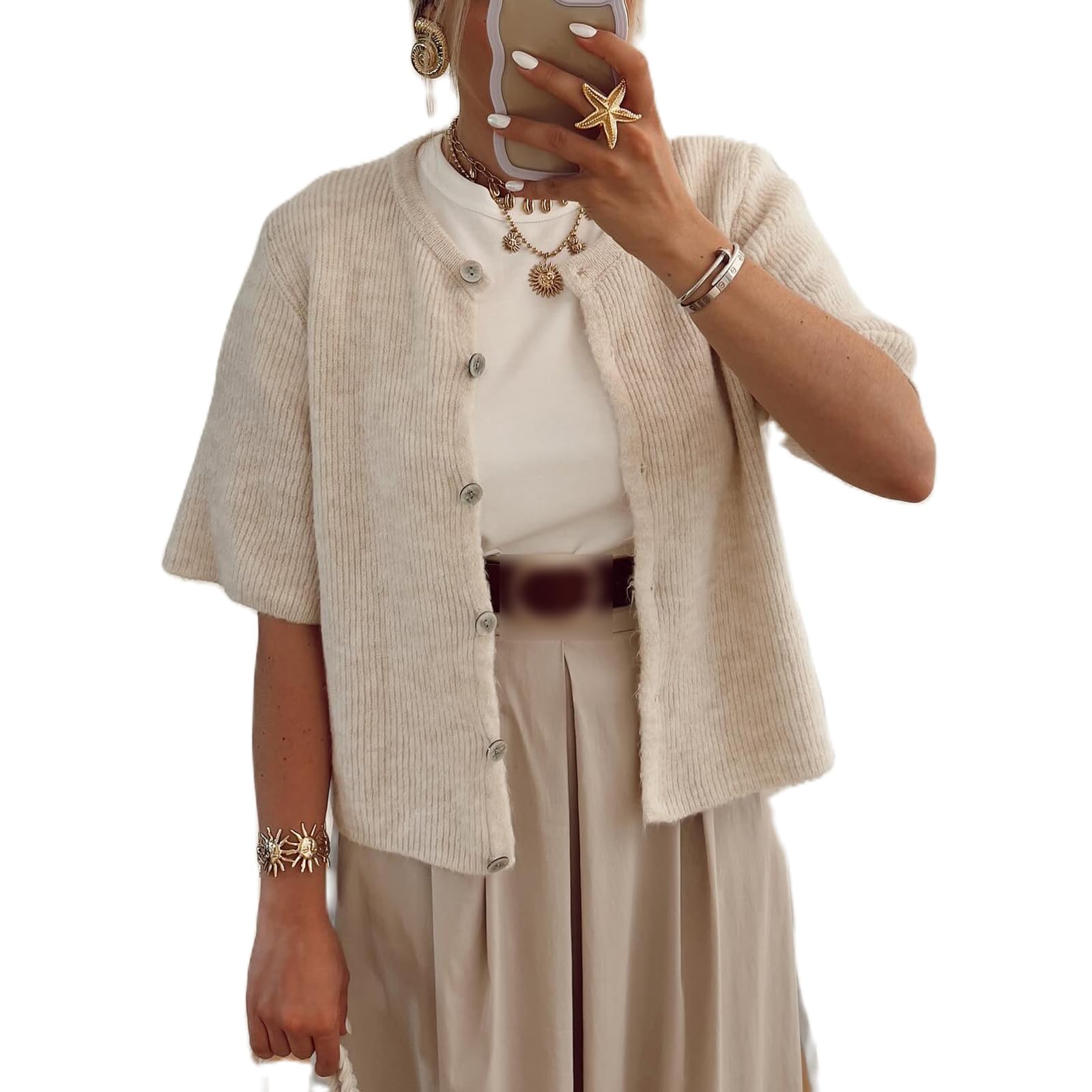 Photo 1 of *****SAME ITEM****Women Y2K Cardigan Sweater Short Sleeve Button Down Ribbed Knit Crop Top Fall Winter Going Out Sweater (Khaki, M)