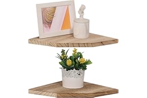 DUICIRX Corner Wall Shelves Set of 2, Rustic Wood Corner Floating Shelves with Cable raceway, Wall Mount Storage Display for TV Accessories, Baby Monitor, Speaker, Cable Box (Carbonized, Diamond- 10 Inch)