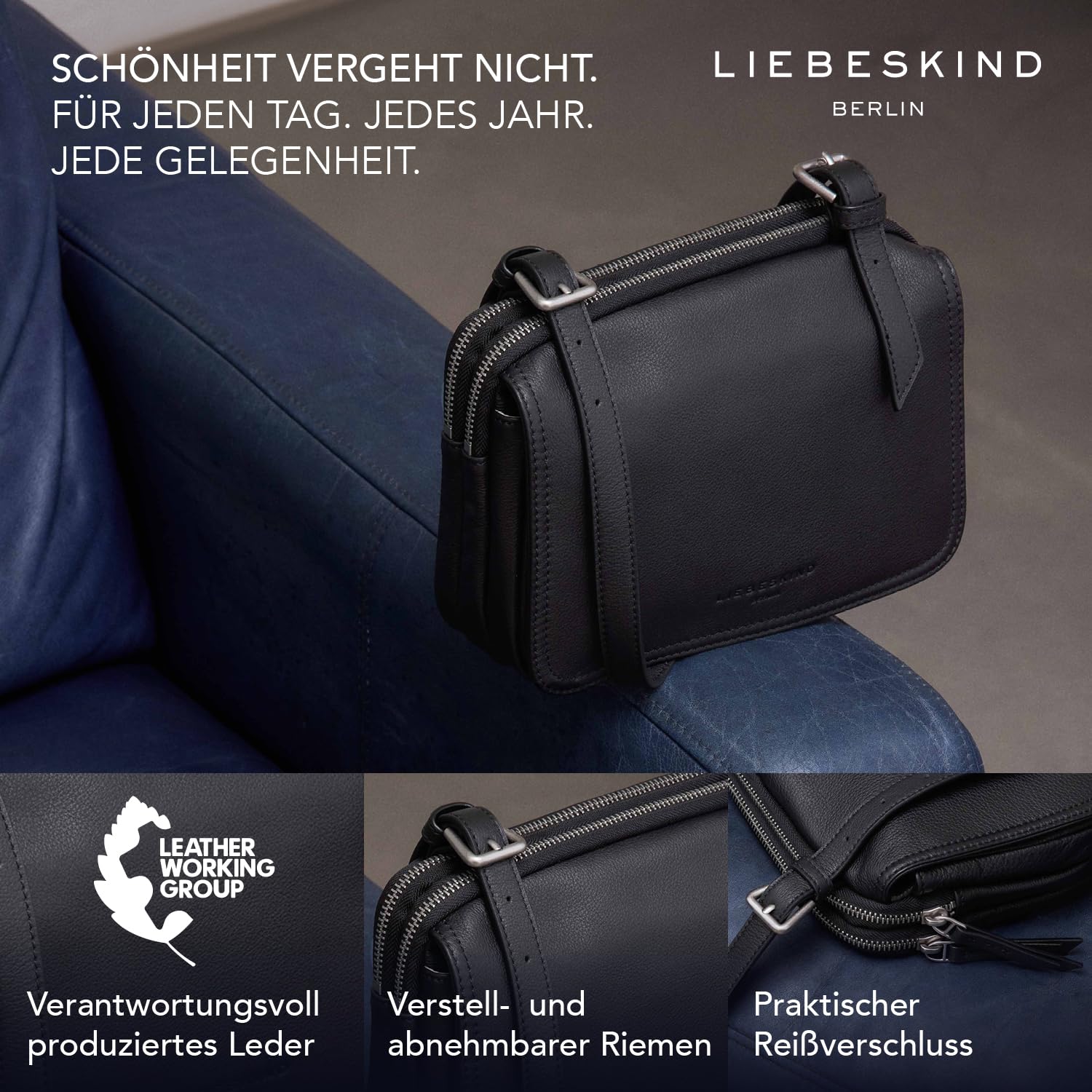 LIEBESKIND Berlin Damen-Umhängetasche „Mareike“ I Crossbody Bag aus Leder mit verstellbaren Schulterriemen I Schultertasche, großzügige Fächer mit Reißverschluss I Shoulder Bag
