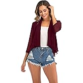 Womens 3/4 Sleeve Chiffon Cardigan Light Casual Open Front Shrug Bolero Blazer (Wine Red, M)