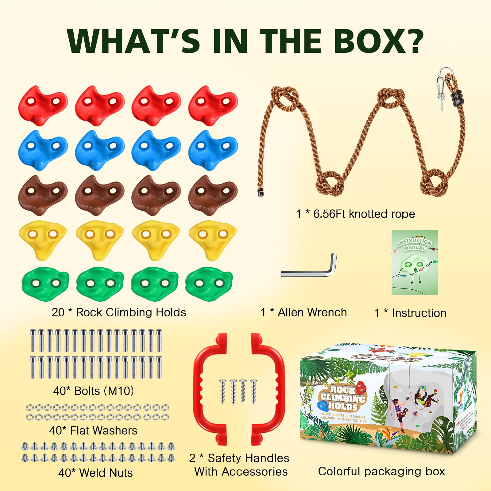 TOPNEW 20 PCS Rock Climbing Holds for Kids, Rock Wall Holds with 6.56 Ft Climbing Rope and 2 Handles, Rock Wall Climbing Kit for Indoor and Outdoor Playset - Includes Mounting Hardware
