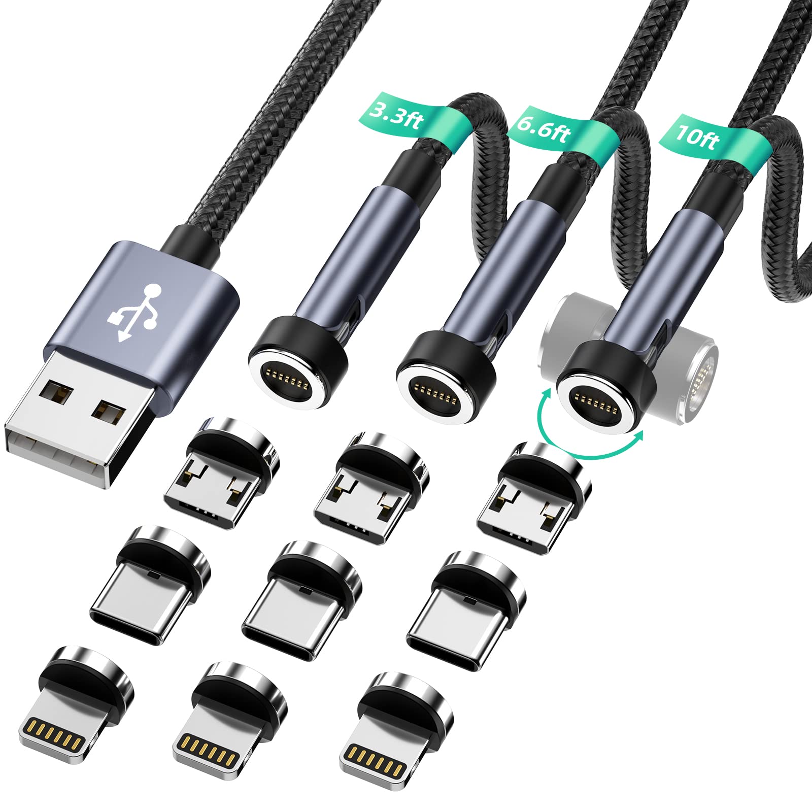 540° Rotation Magnetic Charging Cable 3-Pack [3ft/6ft/10ft], 3 in 1 Magnetic Phone Charger Cable, 3A Fast Charging Cable Support Data Transfer Nylon-Braided Cord for iPhone/Micro USB/Type C -Black