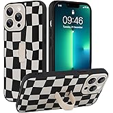 SOKAD for iPhone 13 Pro Case with Finger Strap Kickstand, Cute Checkered Checkerboard Phone Case with Finger Hand for Women Men, Slim Full Camera Protection Shockproof Case Cover, Black & White