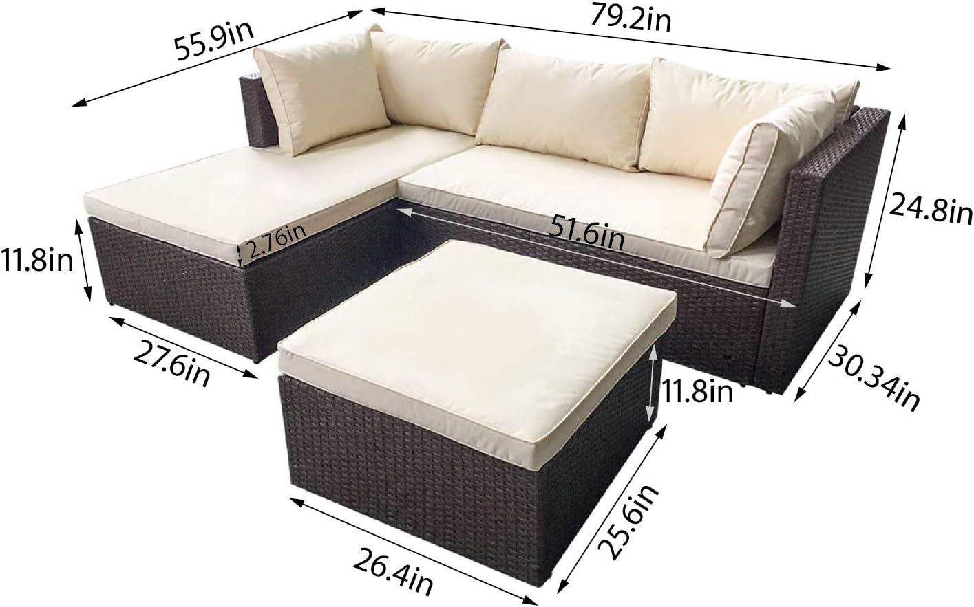  Basics Outdoor Reversible Chaise Wicker Rattan Sectional 3-Piece Set with Cushions and Ottoman, Brown : Garden & Outdoor