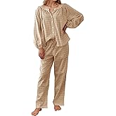 Flygo Womens Gingham Pajama Set 2 Piece Cotton Plaid Raglan Sleeve Button Top Straight Leg Pants Pjs Y2K Lounge Set Sleepwear