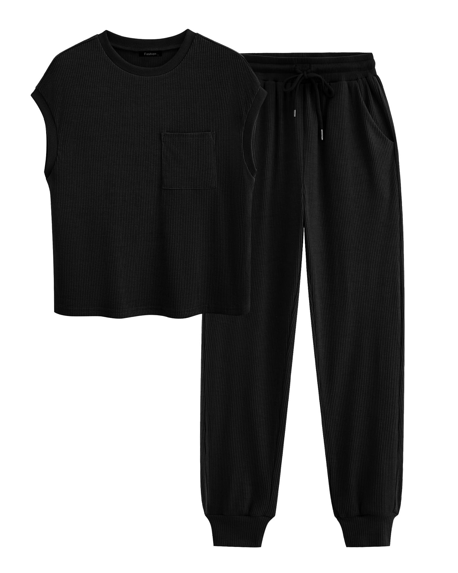 Photo 1 of BTFBM Womens Two Piece Outfits Tracksuit Sets Ribbed Knit Tops And High Waisted Pants Matching Sweatsuit Set(Solid Black,Small)