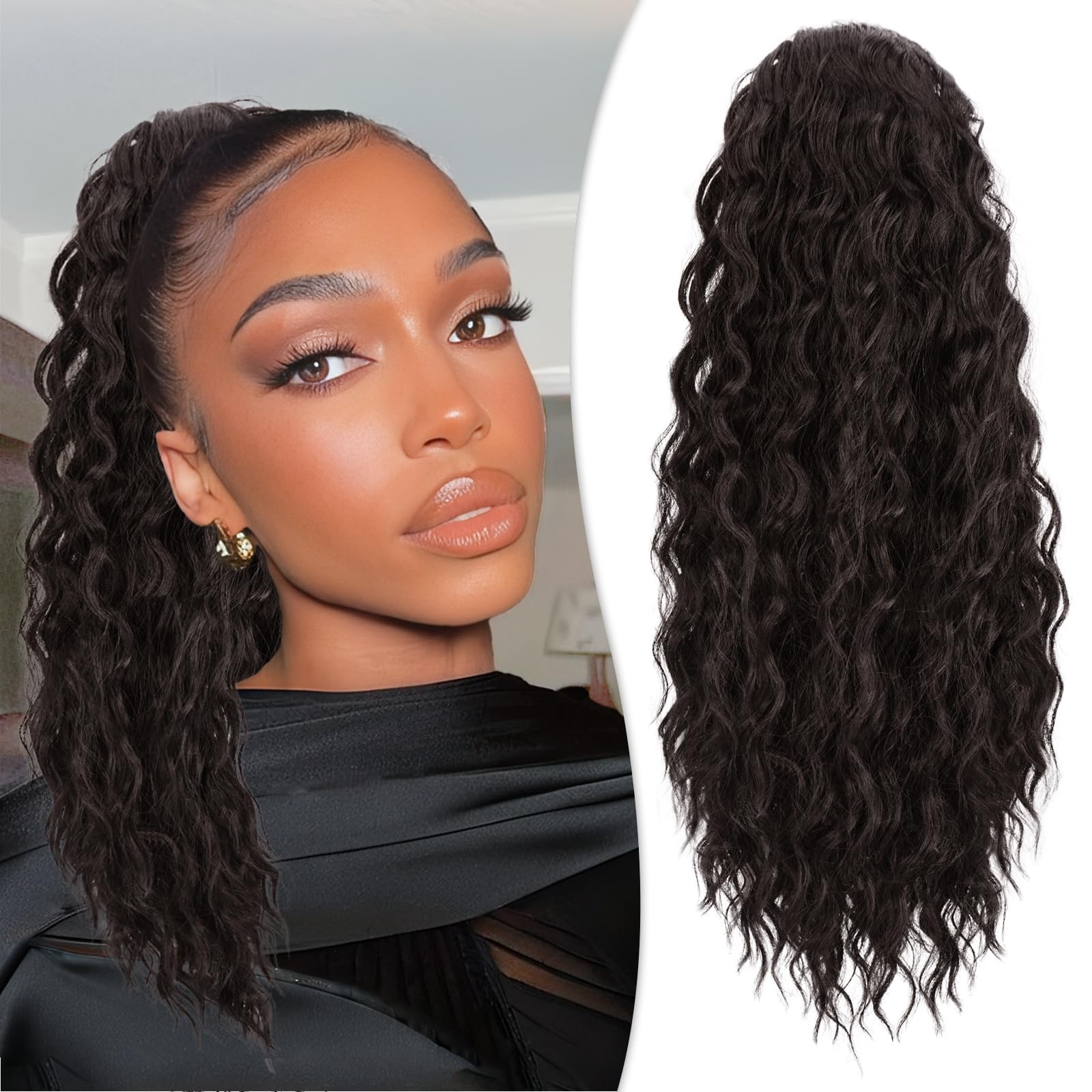 RUWISS Curly Drawstring Ponytail Extension for Black Women,20 inch Dark Brown Afro Kinky Ponytail Synthetic Hairpiece for Daily Party Use — image 1