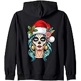 Christmas Sugar Skull Art Woman Santa Hat Festive For Girls Zip Hoodie