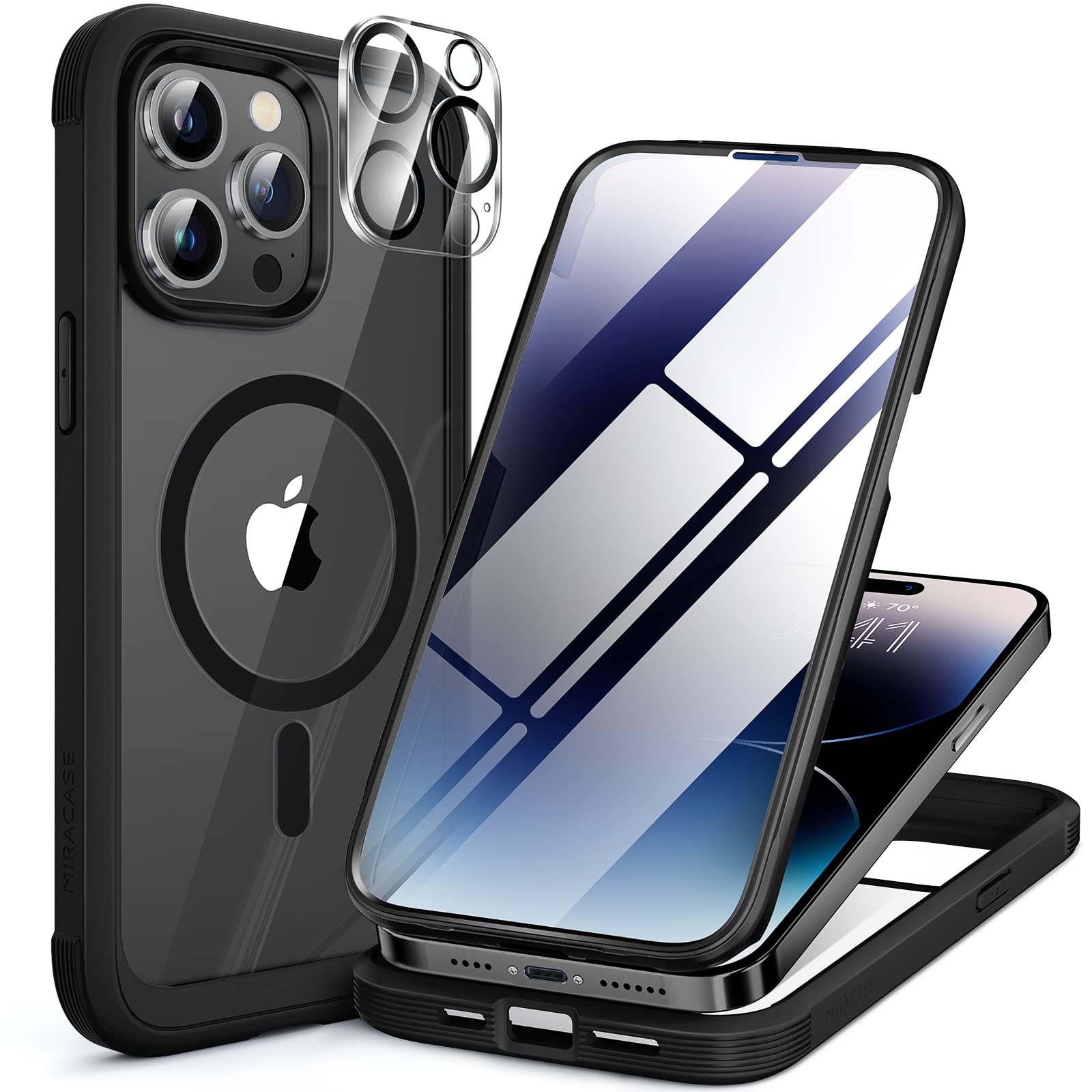 Miracase Magnetic for iPhone 14 Pro Case, [Compatible with MagSafe] [Built-in Tempered Glass Screen Protector] Full-Body Rugged Protective Case with Camera Lens Protector (Black) — image 1