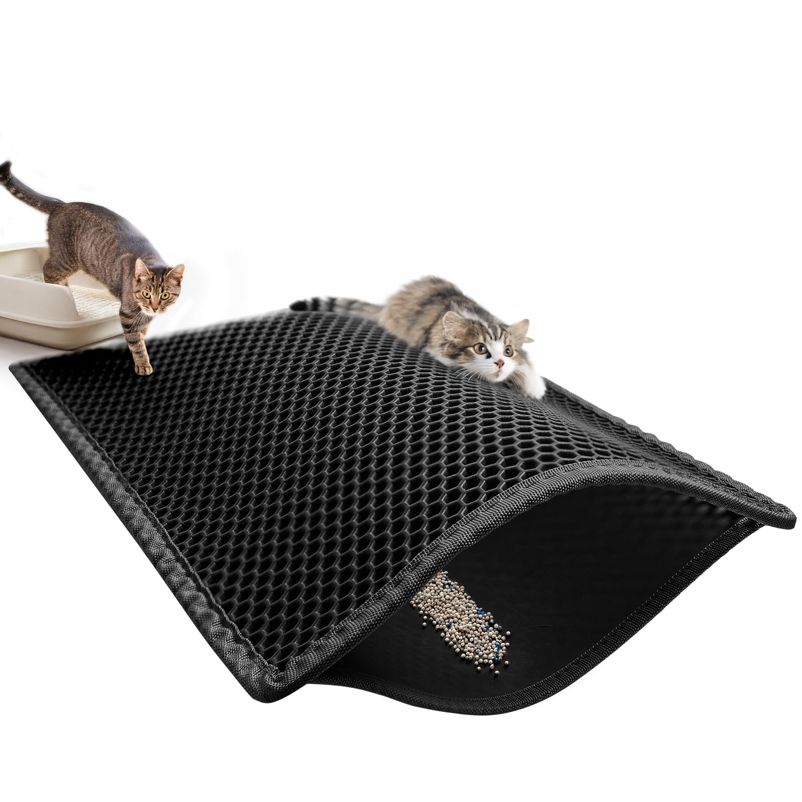 Pieviev Cat Litter Mat: Litter Tray Mat of Exra Large Size Double Layer Honeycomb with Holes Design Trapping Carpet for Catch, EVA Material Non-BPA, Soft on Paws and Washable (89X61cm Black)