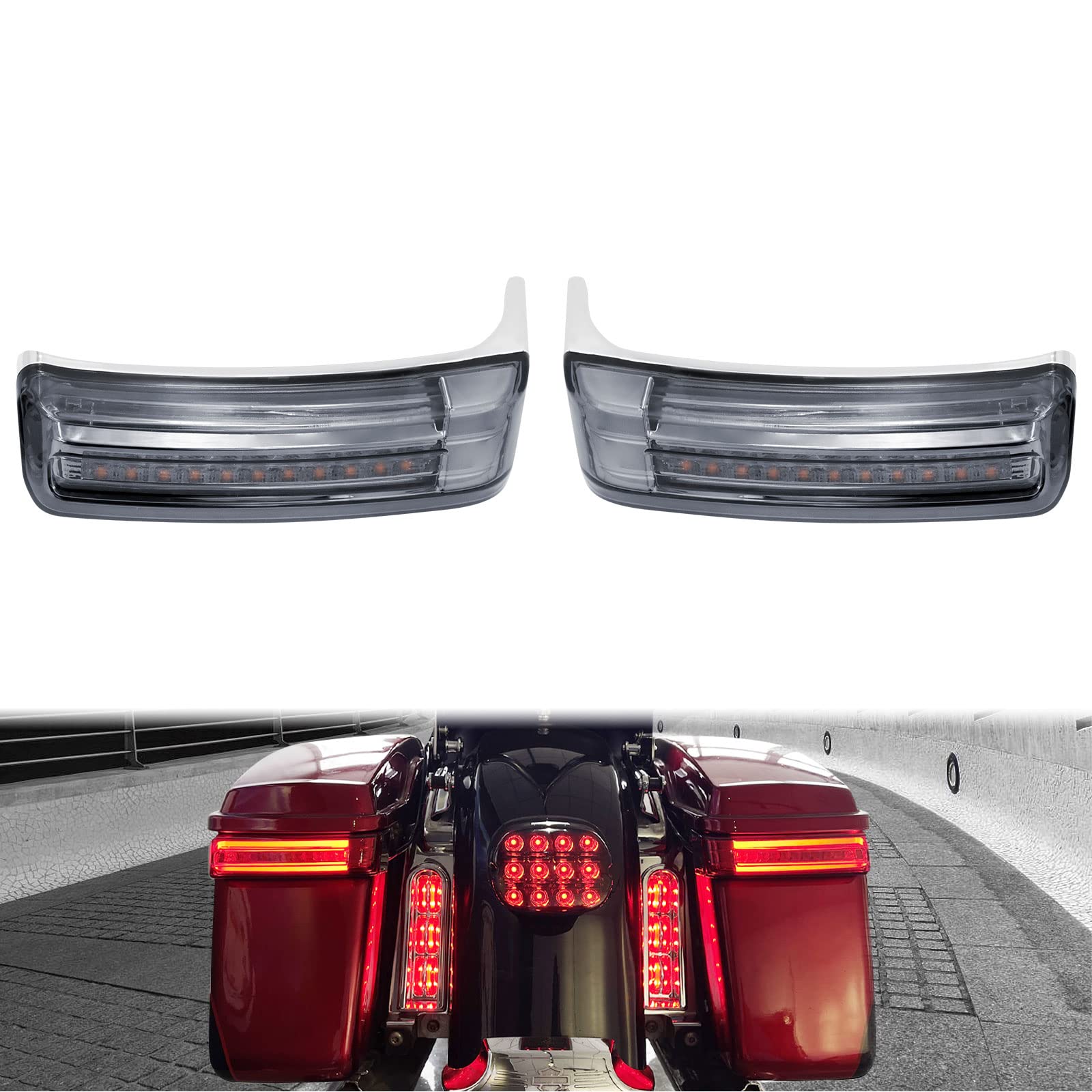 Photo 1 of HDBUBALUS Motorcycle Saddlebag Tail Lights Run Brake LED Turn Signal Lamp Fit for Harley Touring Street Gilde Road Gilde Road King Electra Glide Ultra Limited 2014-2024 (Chrome Grey)