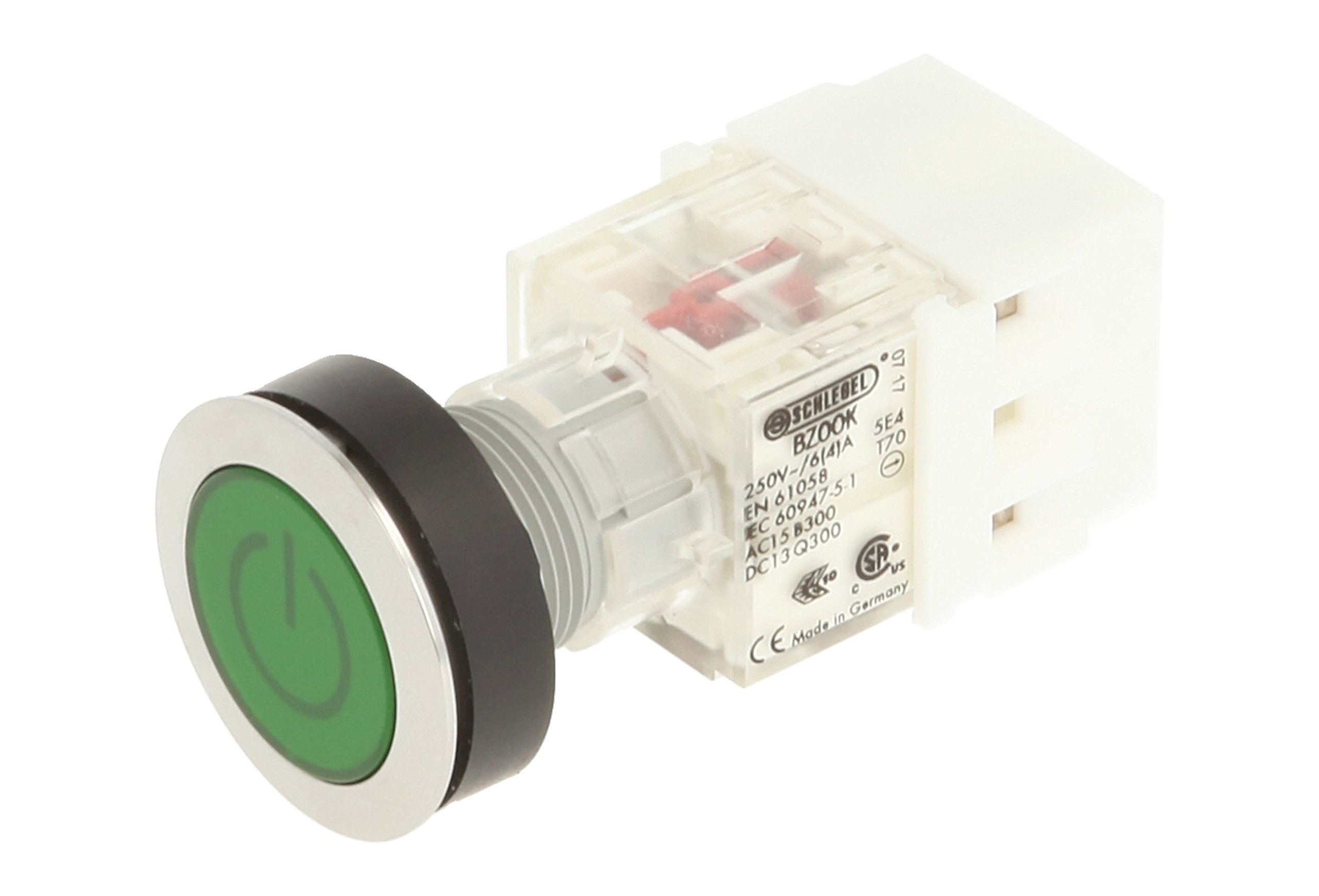 Schlegel 23.000.775 Push Button Stainless Steel, Green Button Cap, Label Symbol On/Off, Push Contact Sensor 2 Openers, Screw Connection — image 1