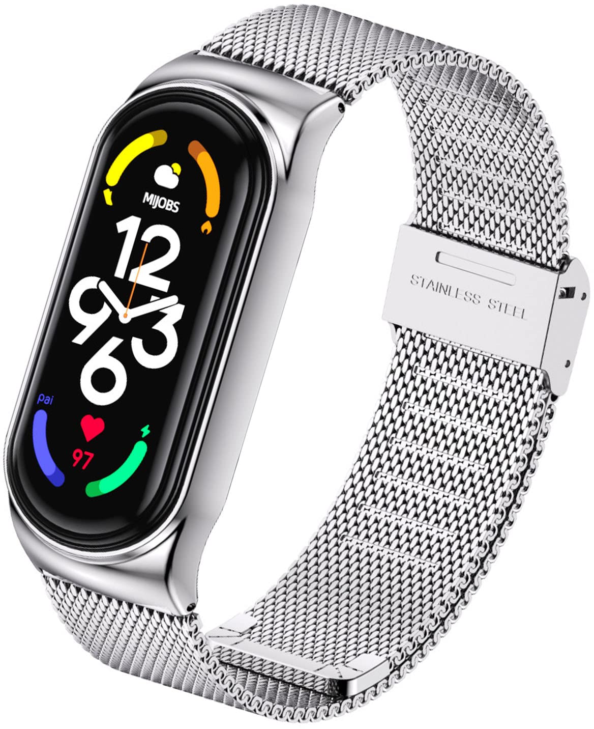 Ainiv Watchband Compatible with Xiaomi Mi Band 3 4 5 6, 1 PCS Xiaomi WatchBand, Vintage Stainless Steel Watch Strap with Magnet, Adjustable Length Woven Stretchy Replacement Straps, Silver