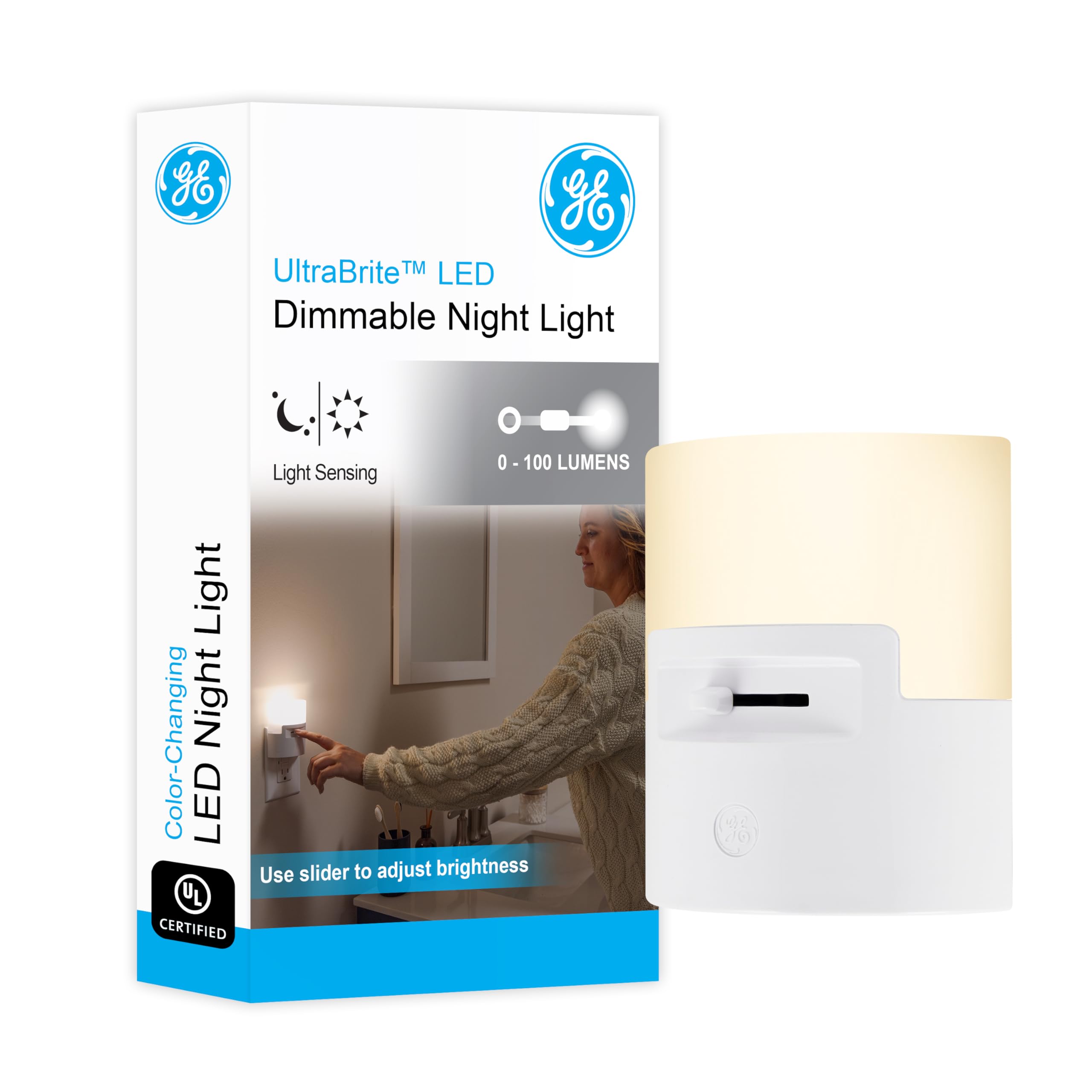 Photo 1 of GE Ultrabrite LED Night Light, Dimmable, 100 Lumens, Plug-in, Dusk to Dawn Sensor, UL-Listed, Ideal for Bedroom, Bathroom, Nursery, Kitchen, Hallway, 45125, 1 Pack, White