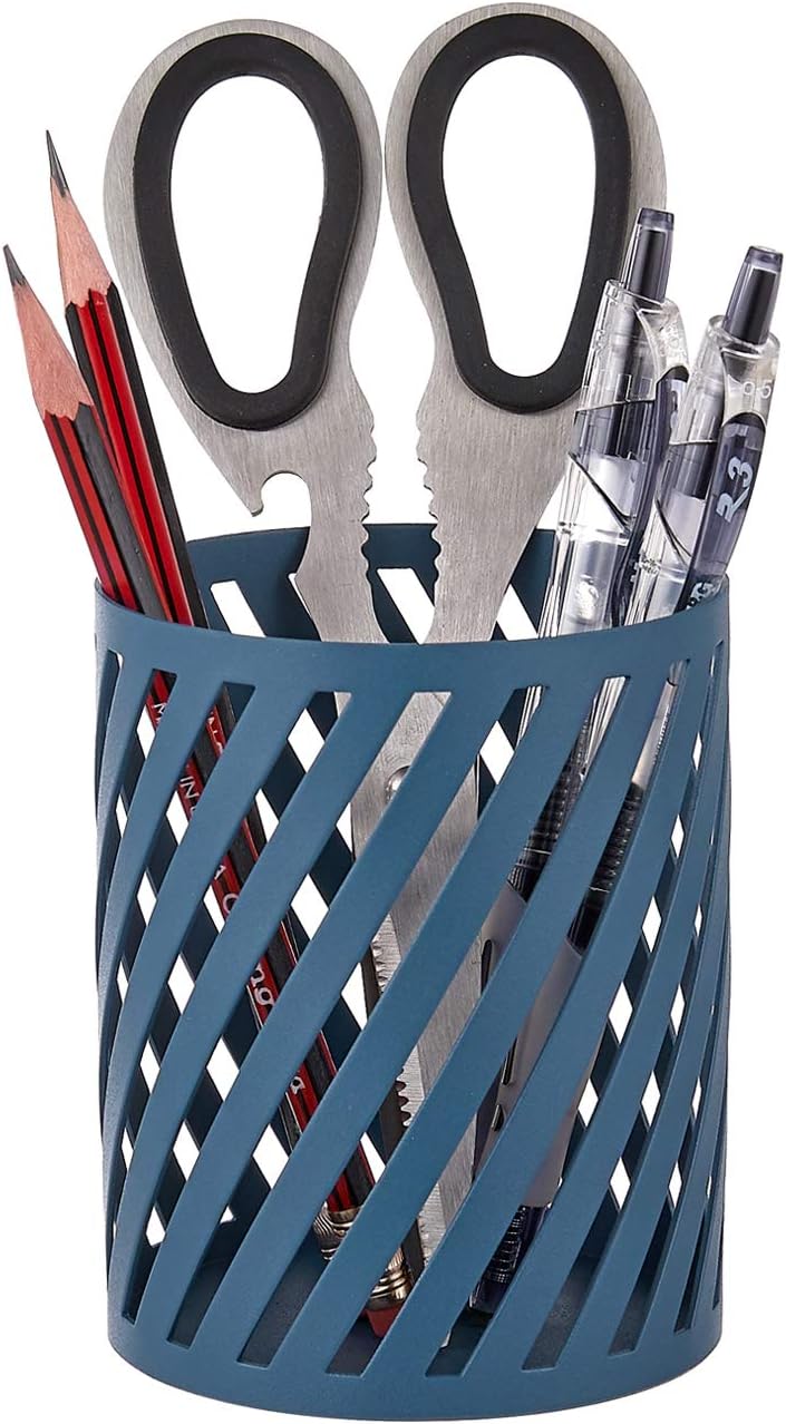 YININE Pencil Holder Pen Holder, Round Metal Pen Pencil Cup Stand Pot Containers Desk Stationery Organizer Box for Office School Room College Dorm Home Office Classroom Vanity, Blue