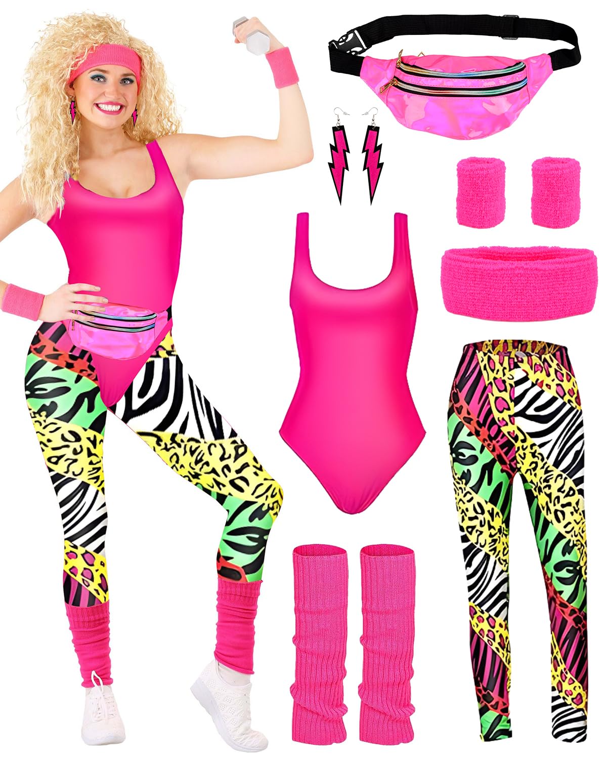 80s Costume Outfits Accessories Set for Girls, 80s Fancy Dress For Women, 1980s Fancy Dress Party Kits with Headband Earring Leg Warmers Headband for 1980 Retro Parties Hen Do Parties Ladies(M) — image 1