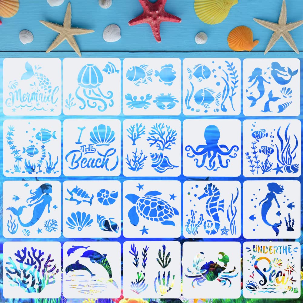 DIKEBAO 20 Pcs Sea Ocean Creatures Stencils, Plastic Sea Patterns Template Reusable Seas Animal Painting Templates for DIY Crafts Scrapbooking Painting on Wood Wall Art Decor (13 x 13 cm)