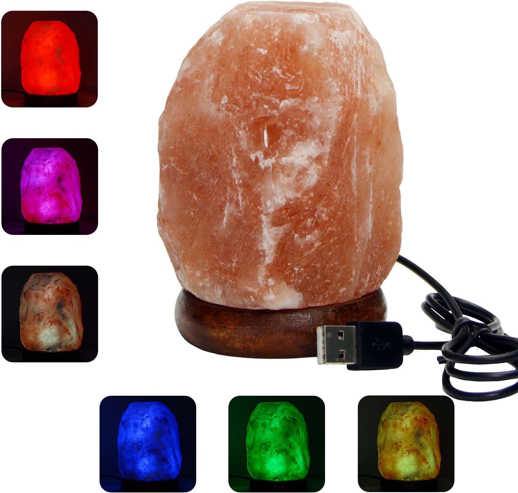 Natural Himalayan Salt Lamp - Pink Hand Carved Rock Salt Lamps with Color Changing LED Light, USB and Wood Base - Mini Air Purifier for Office Home