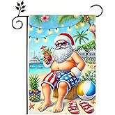 BlissYard Tropical Christmas Santa Garden Flag 12x18 Inch Double Sided Holiday Beach Santa with Drink Small Outdoor Yard Flag Seasonal Welcome Garden Banner for Porch Lawn Patio Christmas Decor