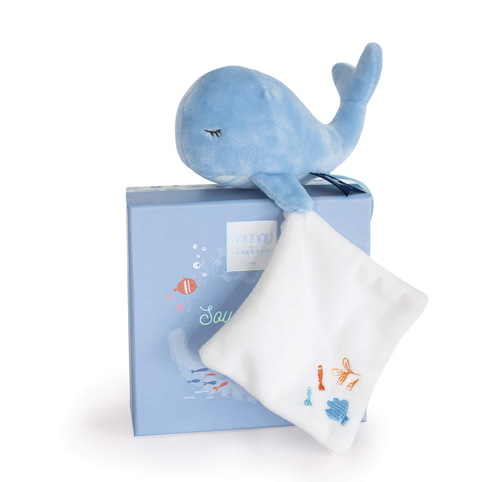 Doudou et Compagnie - DC3650 Whale Plush Toy with Soft Toy - 15cm Blue