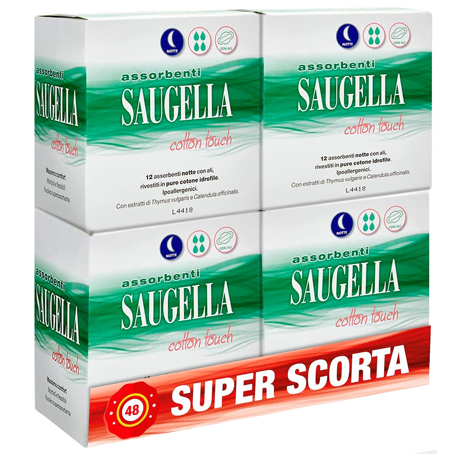 Saugella Cotton Touch Pads Night 48 Cotton Pads with Wings, Anti-Bacterial, Anti-Odour and Soothing Action