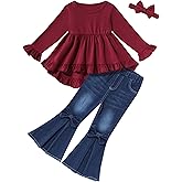 oklady Todder Kids Girls Clothes Solid Color Ruffles Top Bow Flared Jeans 2PCS Fall Girls Clothing Set 18M-7Years