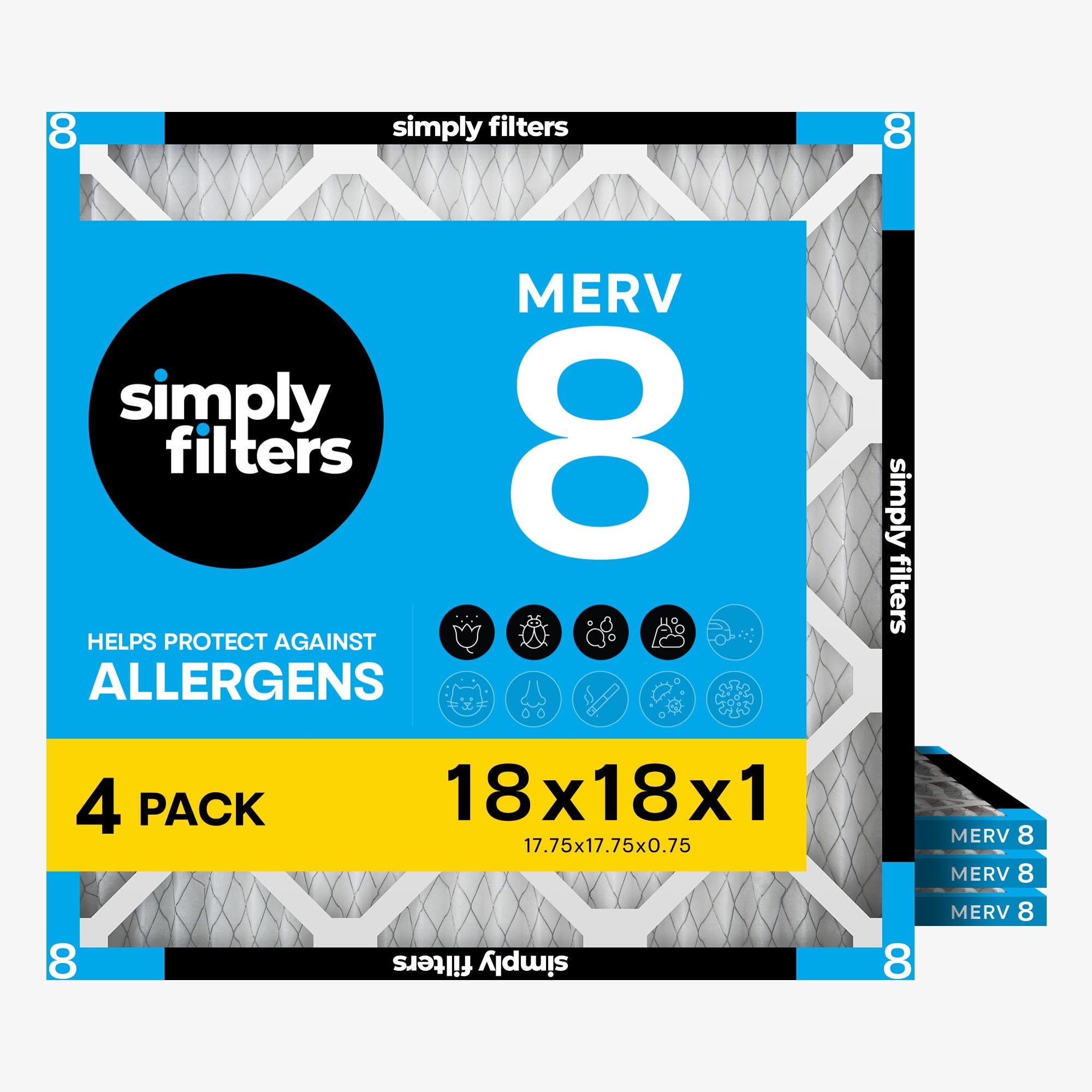 Simply 18x18x1 Air Filter, Merv 8, 4 Pack, For Home AC Furnace & HVAC (Actual Size: 17.75"x17.75"x0.75") DUST, Pet, & Allergy Control