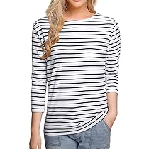 cocoボーダーズtops LilyCoco Womens 3/4 Length Sleeve Tops Striped Boatneck