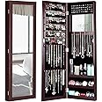 Giantex Jewelry Armoire Cabinet Wall Door Mounted with Full Length Mirror, Jewelry Organizer with Makeup Mirror, Ring Earring Slots, Necklace Hooks, Large Capacity Storage Jewelry Armoire (Brown)