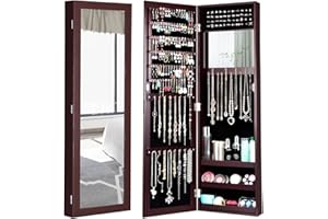 Giantex Wall Mounted Jewelry Cabinet with Full Length Mirror, Over The Door Jewelry Armoire Organizer with Large Storage, Makeup Mirror & Velvet Lining (Brown)