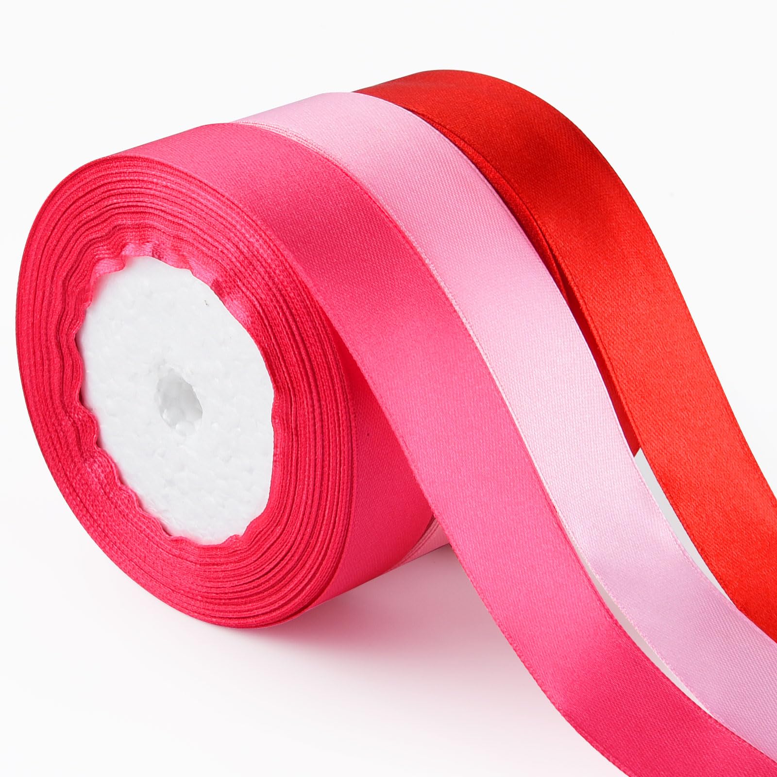 ASTARON Satin Ribbon for Valentine Crafts 1 Inch, Red Pink Solid Color Ribbon Fabric Ribbon for Valentines Day Gifts Wrapping Bouquets DIY Hair Bows Silk Ribbon for Valentines Decorations