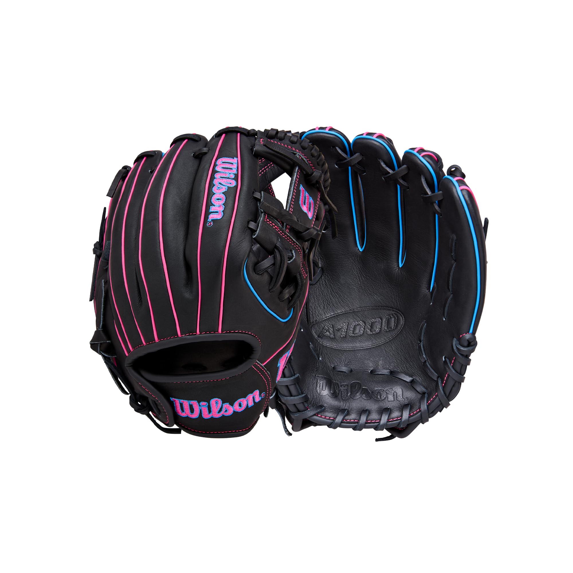 Photo 1 of Wilson 2026 A1000 DP15 11.5" Infield Baseball Glove - Right Hand Throw, Pedroia Fit, Black/Flamingo Pink/Cool Blue
