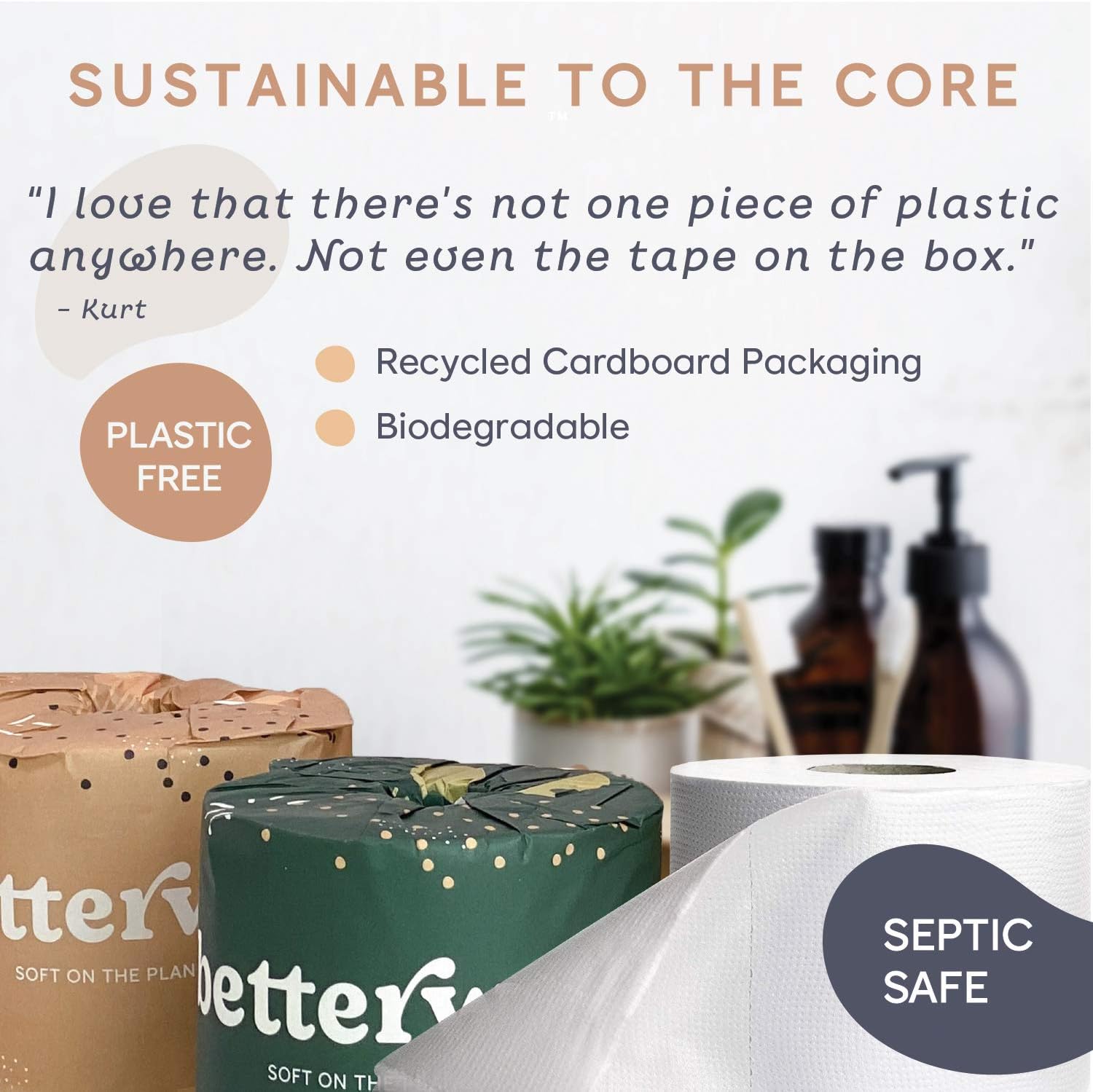 Betterway Bamboo Toilet Paper 3 PLY - Eco Friendly, Sustainable Toilet Tissue - 12 Double Rolls & 360 Sheets Per Roll - Septic Safe - Organic, Plastic Free, Compostable & Biodegradable - FSC Certified: Home & Kitchen