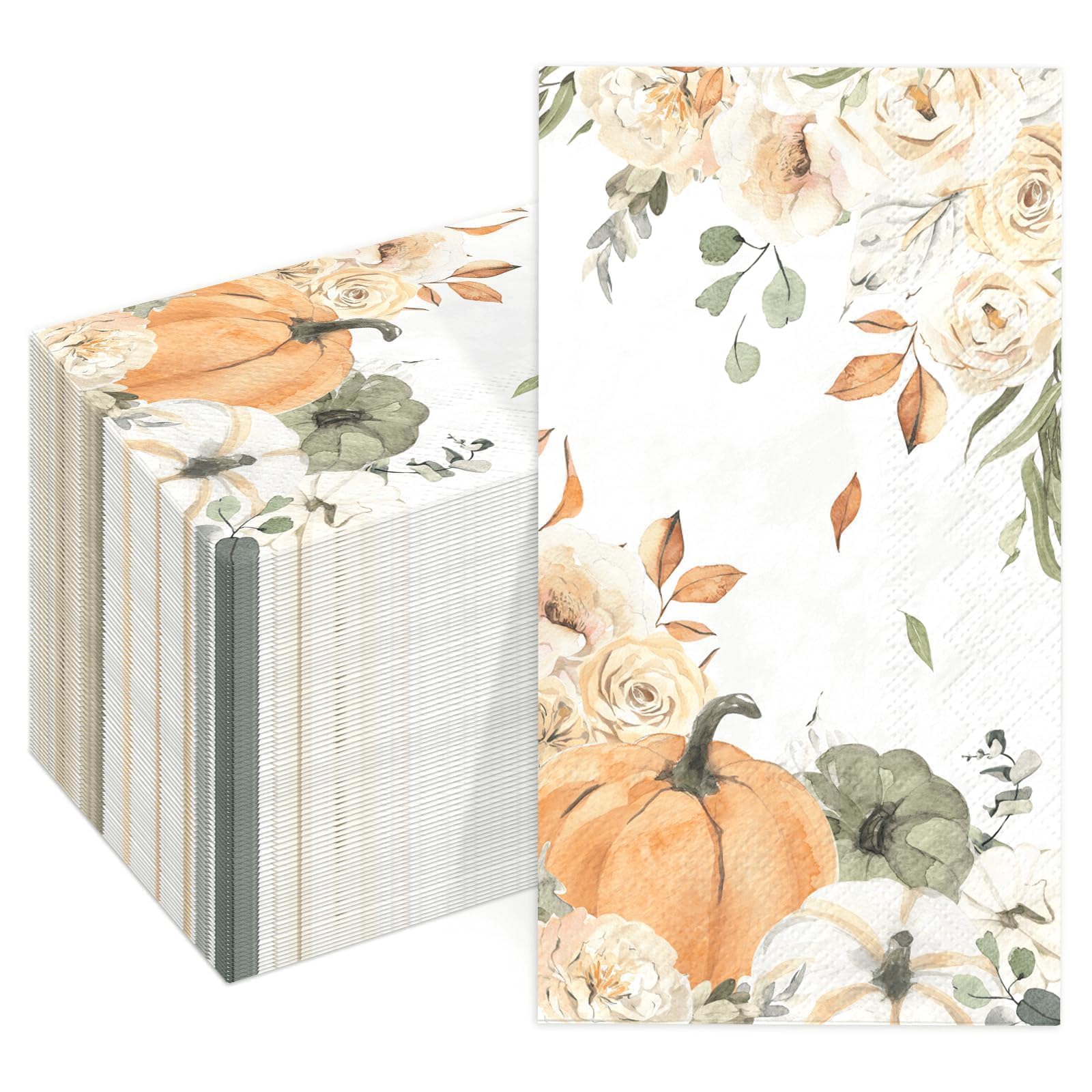 Photo 1 of 100PCS Fall Watercolor Pumpkin Rose Decoration Disposable Guest Napkins Thanksgiving Birthday Wedding Party Dinner Hand Napkin Autumn Harvest Decorative Napkins Party Decorations